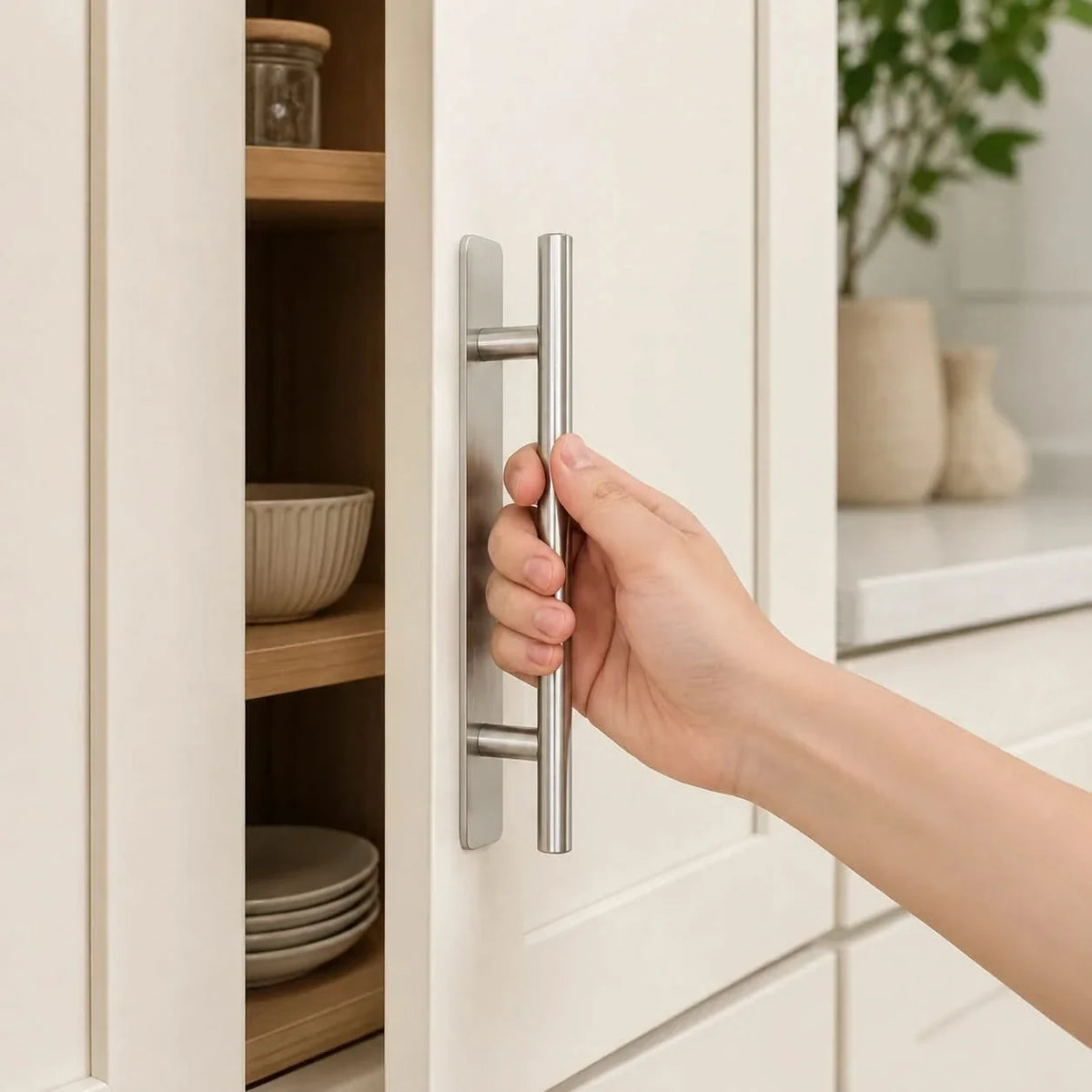 Silver cabinet handle set with two long bar pulls, shown in a hand installation