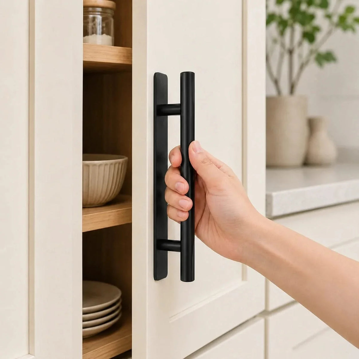 Black cabinet handle set with two long bar pulls being pressed by hand