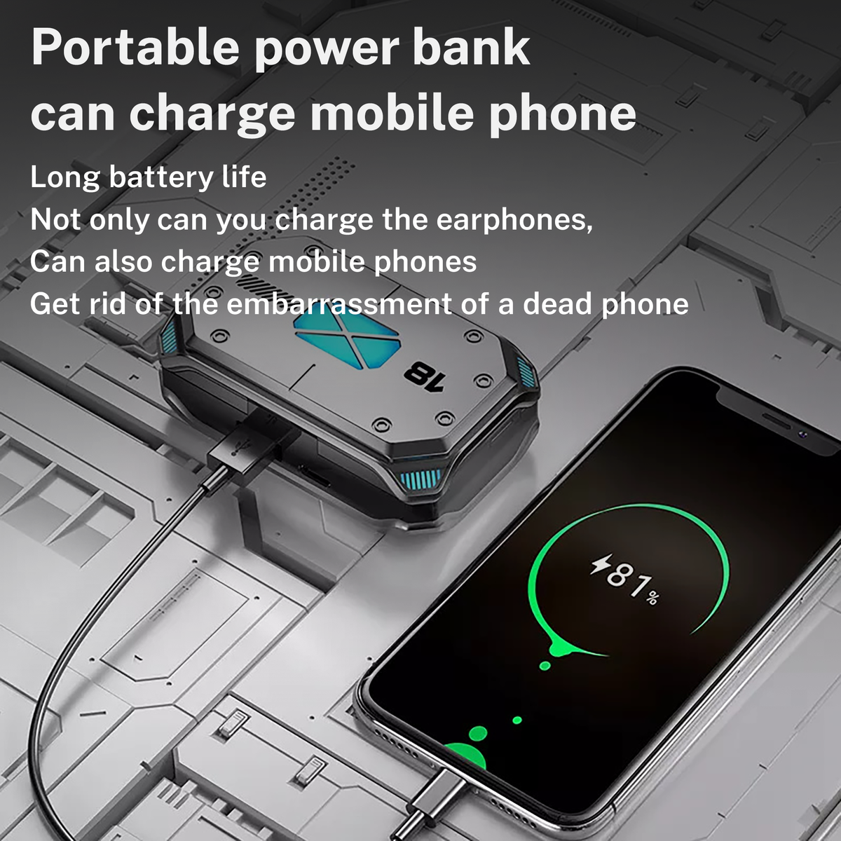 Silver/black wireless earbuds charging case with blue emblem and charging port design