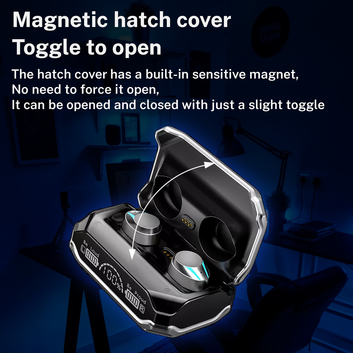 Wireless earbuds charging case with earbuds inside, silver/black with blue light accents