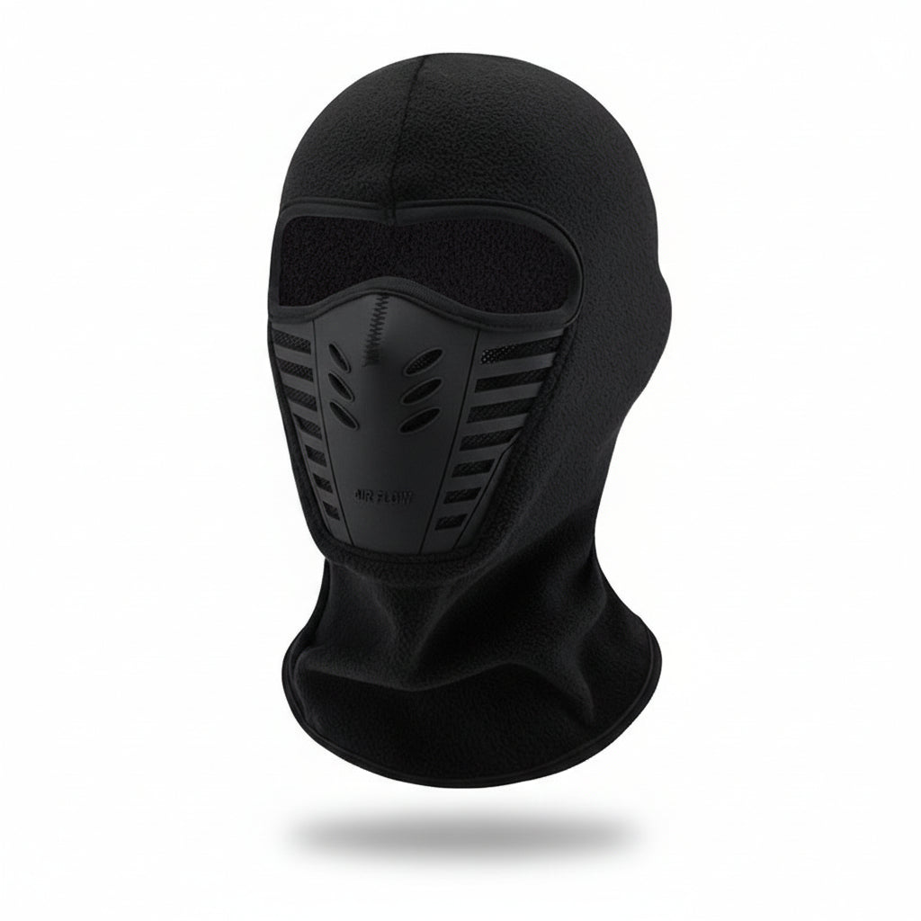 Black windproof thermal face mask with mesh vent panel and full neck cover
