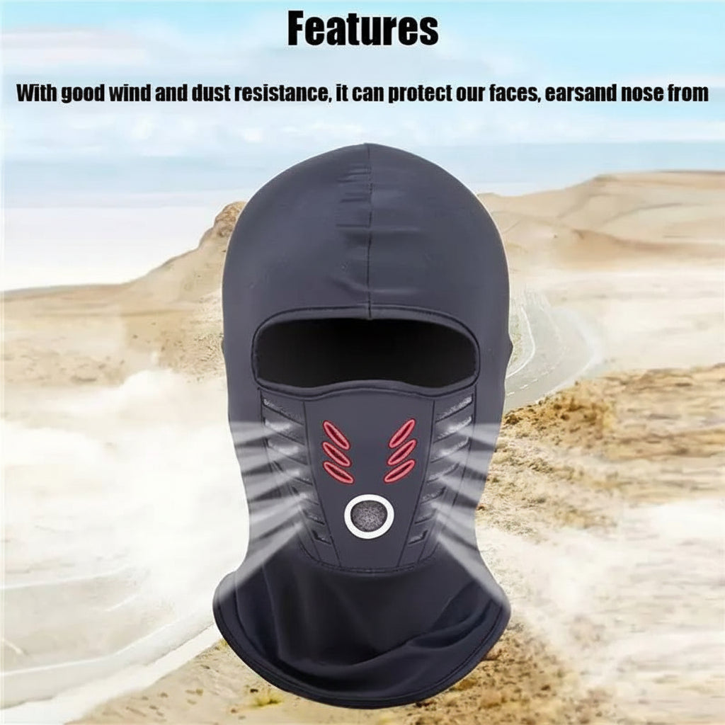 Black balaclava face mask with red stitched vent panel and round filter opening