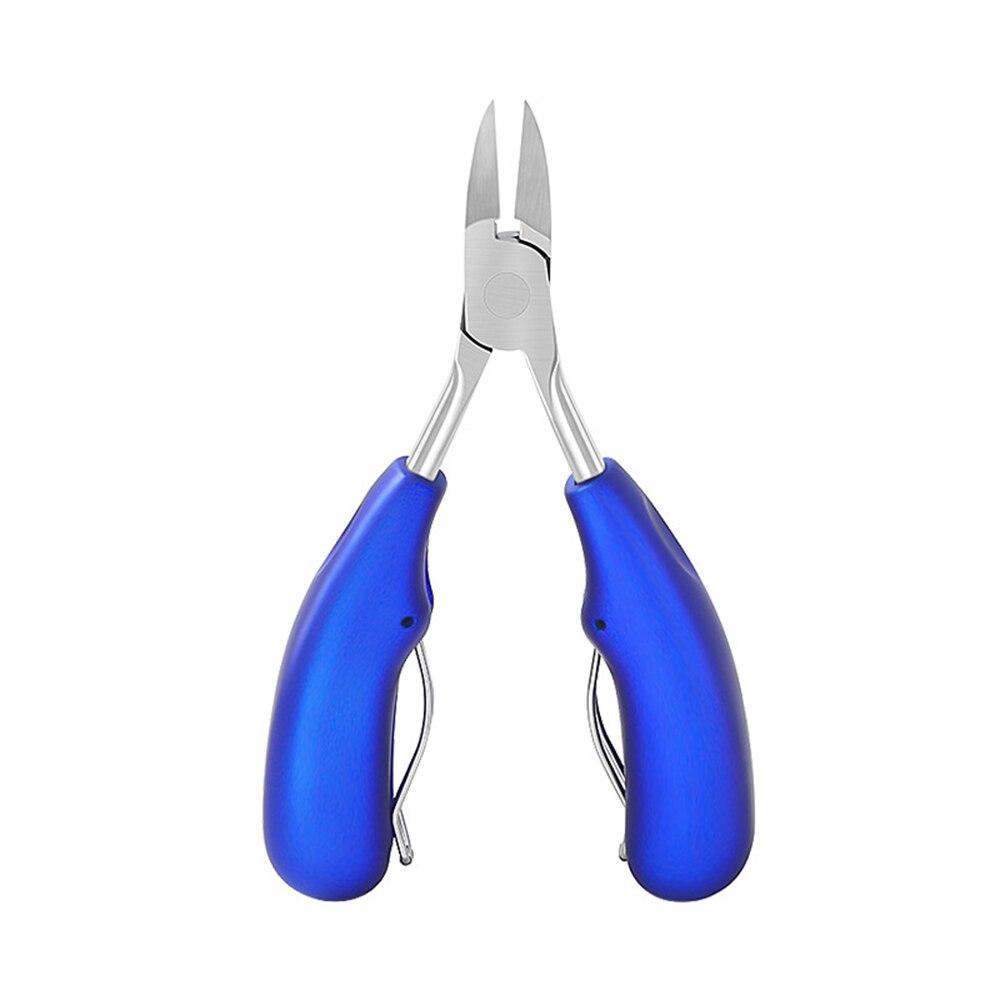 Blue stainless steel toenail scissors with curved blades and rounded finger grips