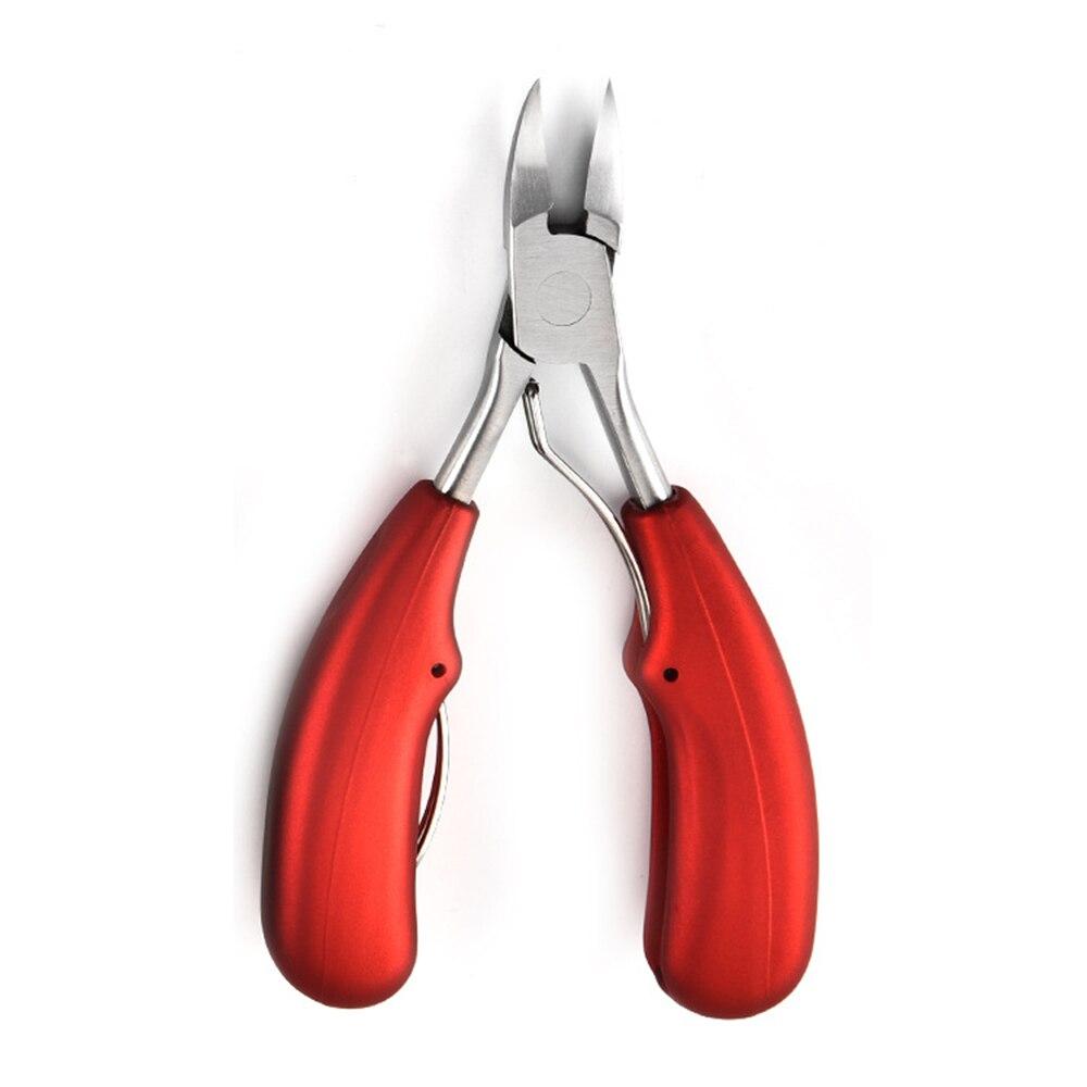 Red stainless steel toenail scissors with curved blades and rounded finger grips