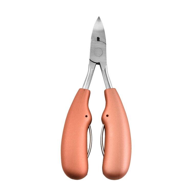 Stainless steel toenail scissors with peach handles and curved cutting blades