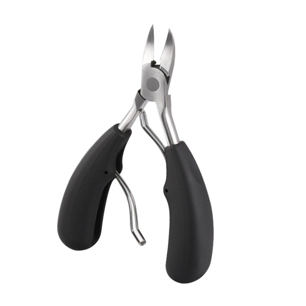 Black stainless steel toenail scissors with curved blades and spring handle