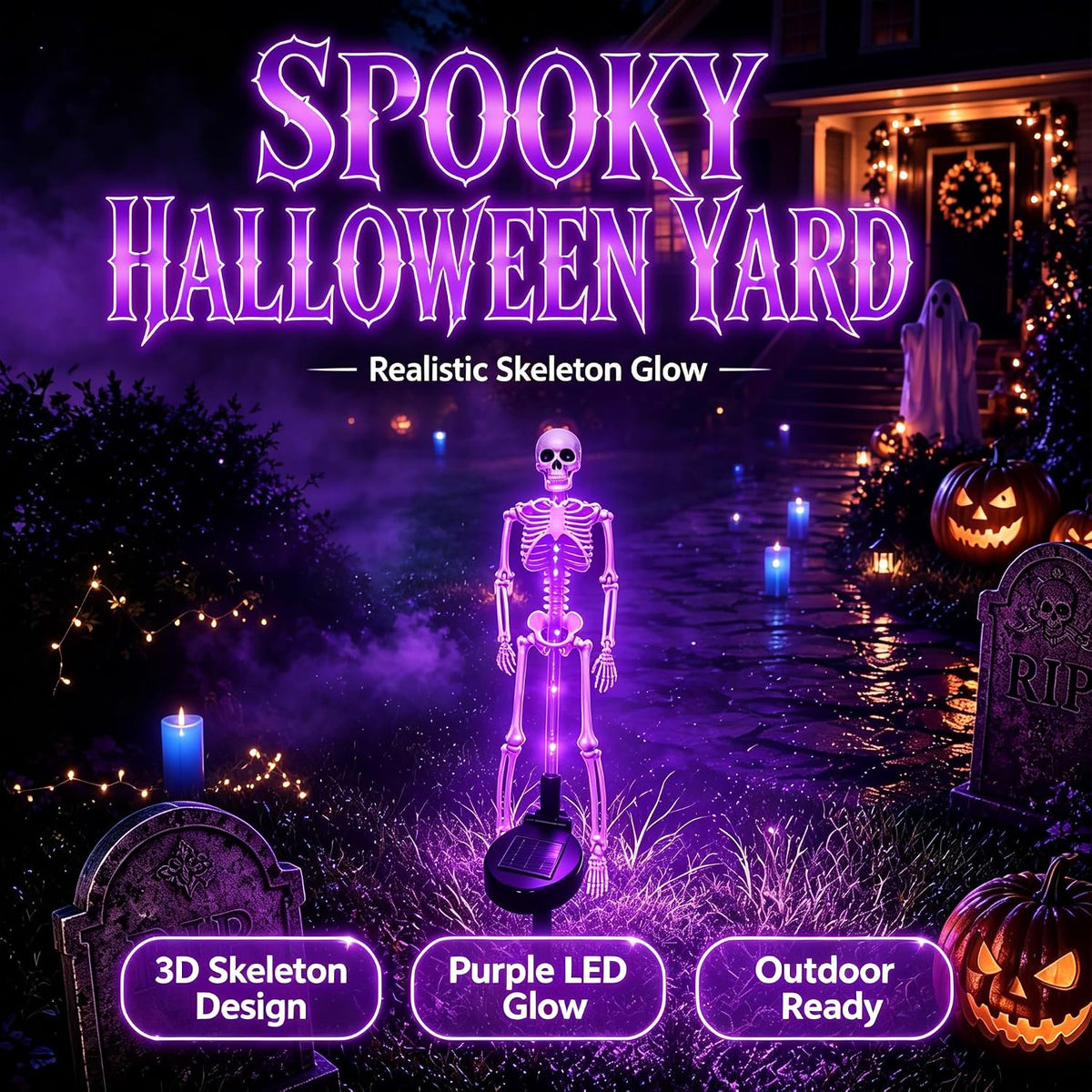Solar skeleton stake lights with purple LED glow, single tall skeleton figure on stake