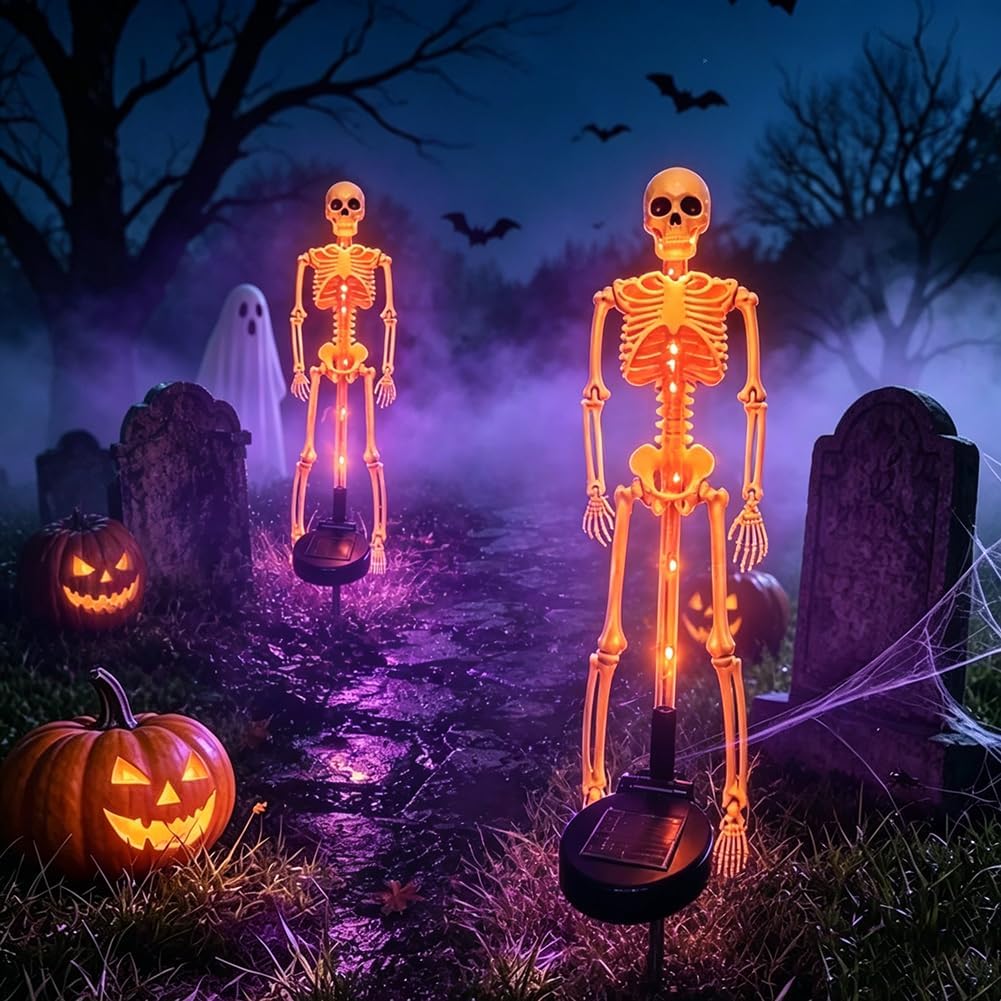 Solar skeleton stake lights with orange LED glow, two glowing skeleton figures on stakes