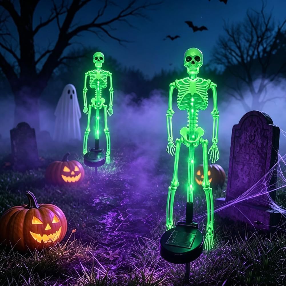 Solar skeleton stake lights with green LED glow, two glowing skeleton figures on stakes
