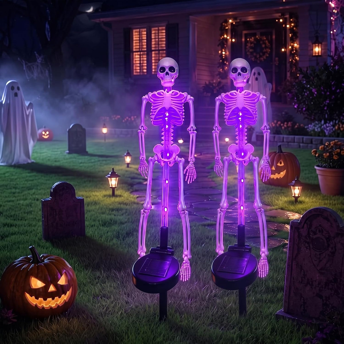 Solar skeleton stake lights with purple LED glow, two illuminated skeletons standing on yard stakes