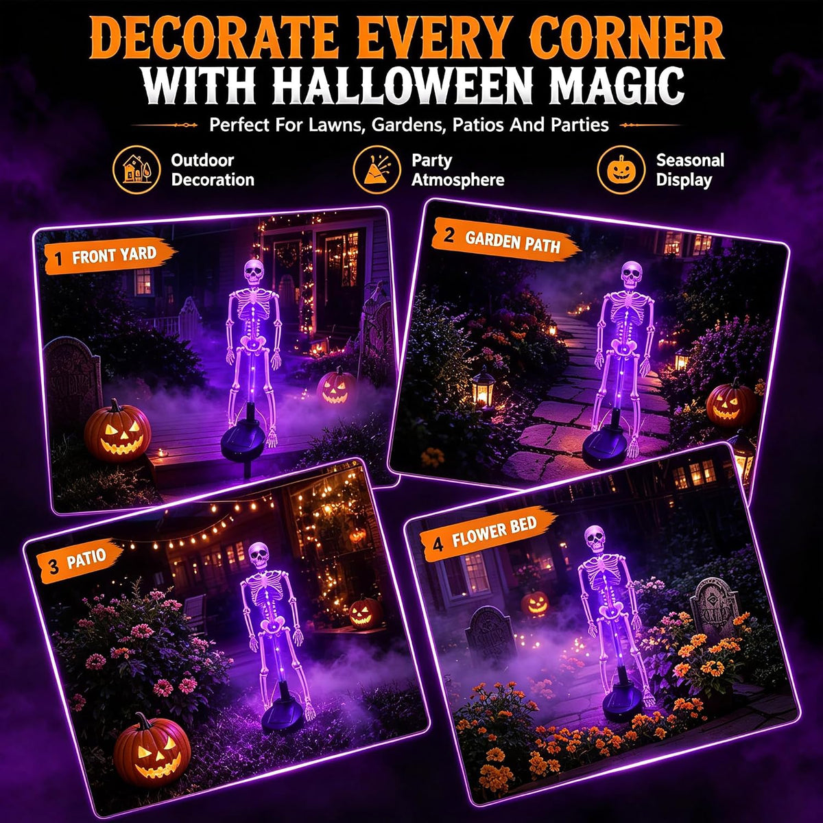 Solar skeleton stake lights with purple LED glow, multiple stake lights for outdoor decor