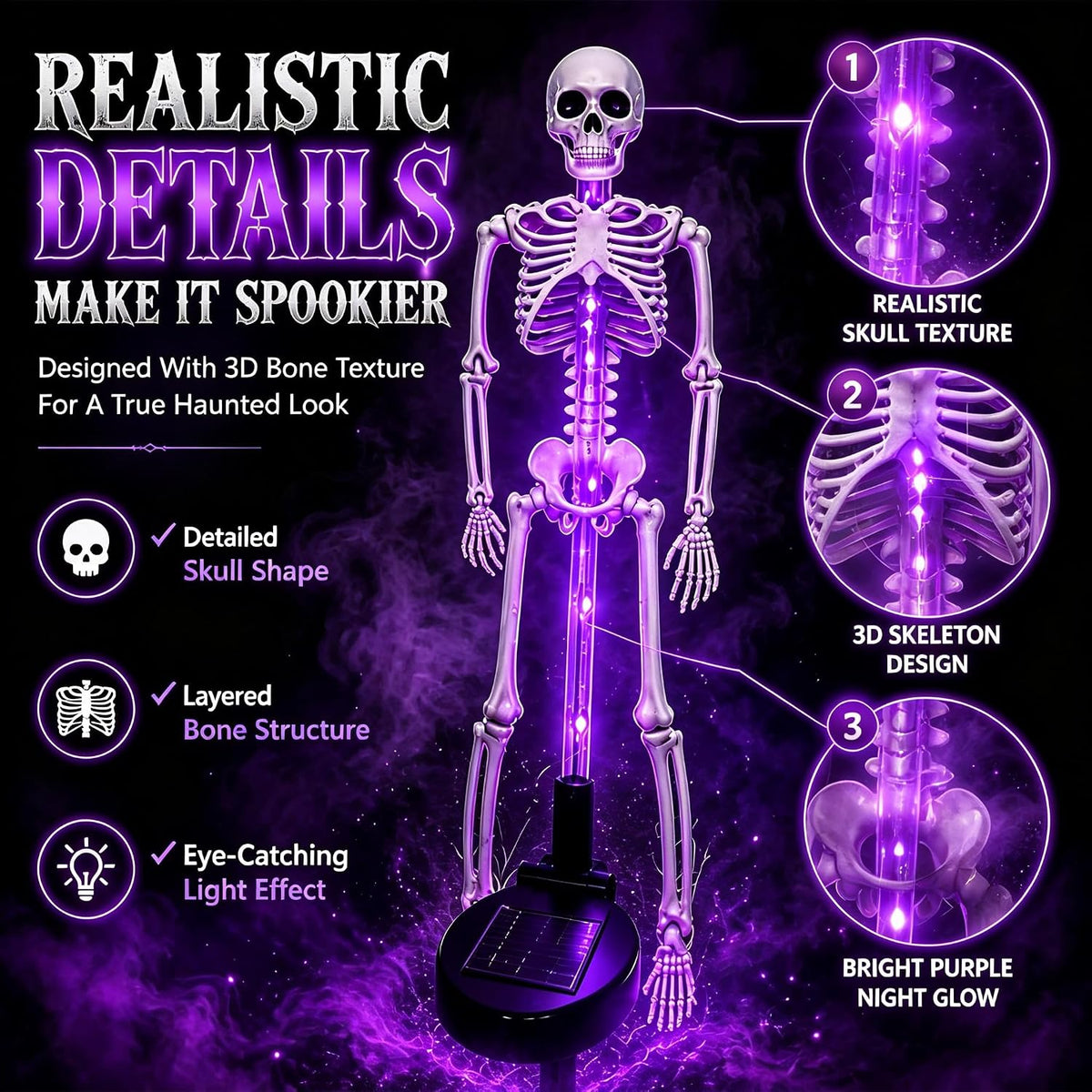 Purple LED skeleton stake light with 3D bone texture, glowing skull head and ribs