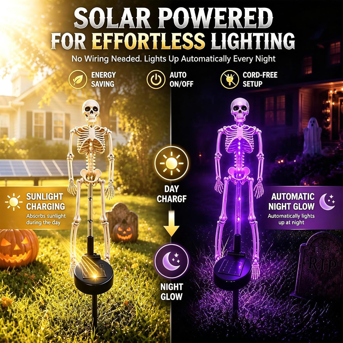 Solar powered skeleton stake lights with purple LED glow, two illuminated auto-lit skeletons
