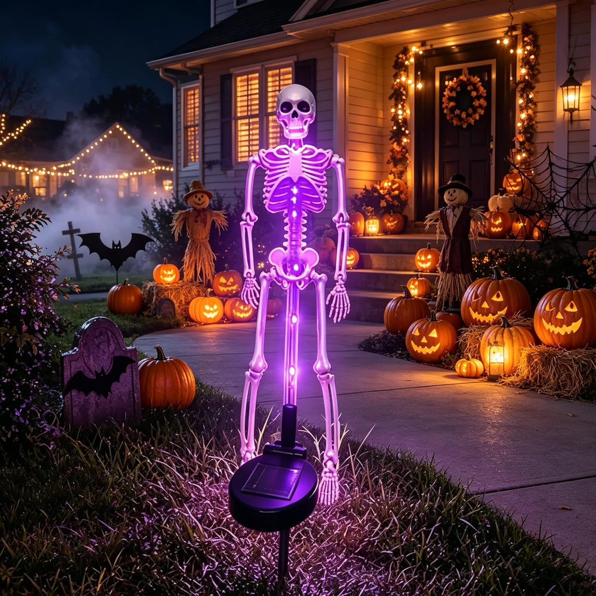 Solar skeleton stake light with purple LED glow, tall skeleton figure on front yard stake