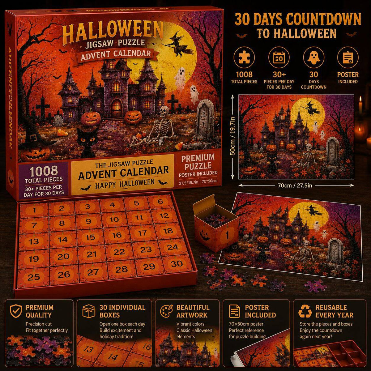 Halloween jigsaw puzzle advent calendar packaging with 30-day countdown grid and icons