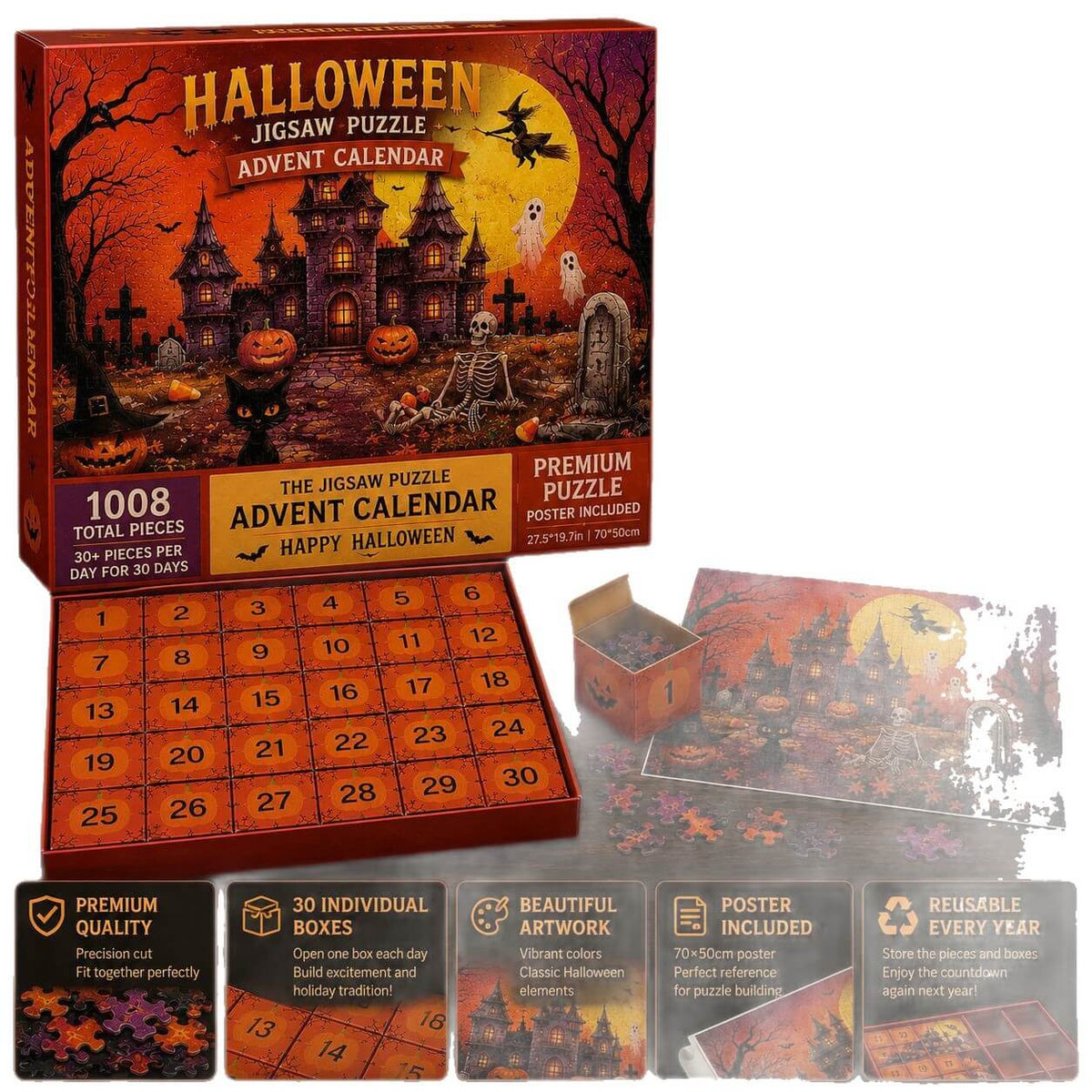 Halloween jigsaw puzzle advent calendar with 1008-piece box, 30-day grid, and haunted castle art