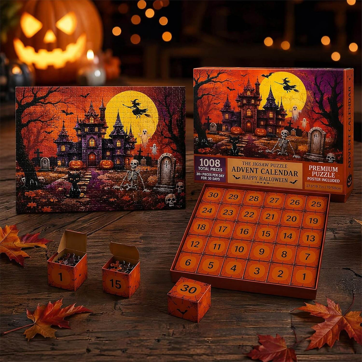 Halloween advent jigsaw puzzle calendar box with 30-day countdown grid and haunted castle artwork