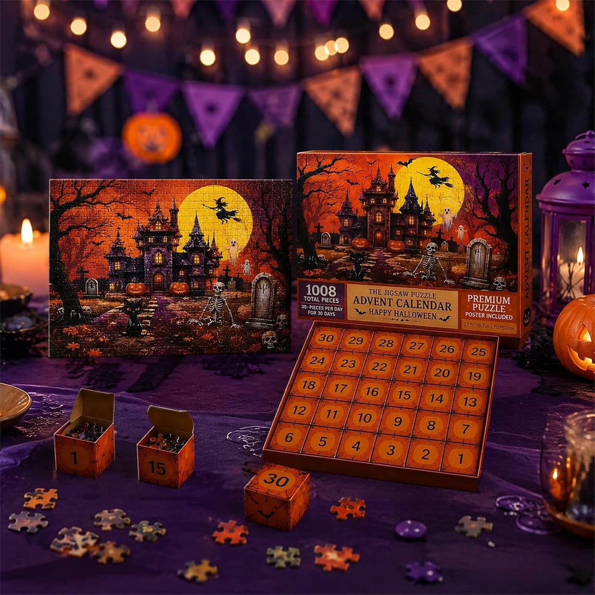 Halloween jigsaw puzzle advent calendar with 30-day numbered grid and haunted castle scene