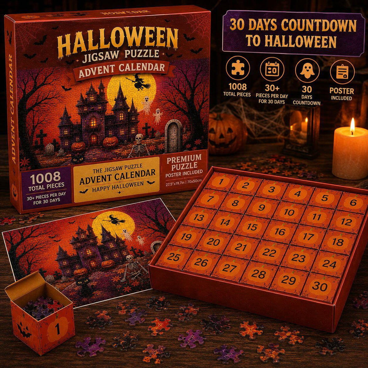 Halloween advent jigsaw puzzle calendar with 30-day grid, includes puzzle tray and box pieces