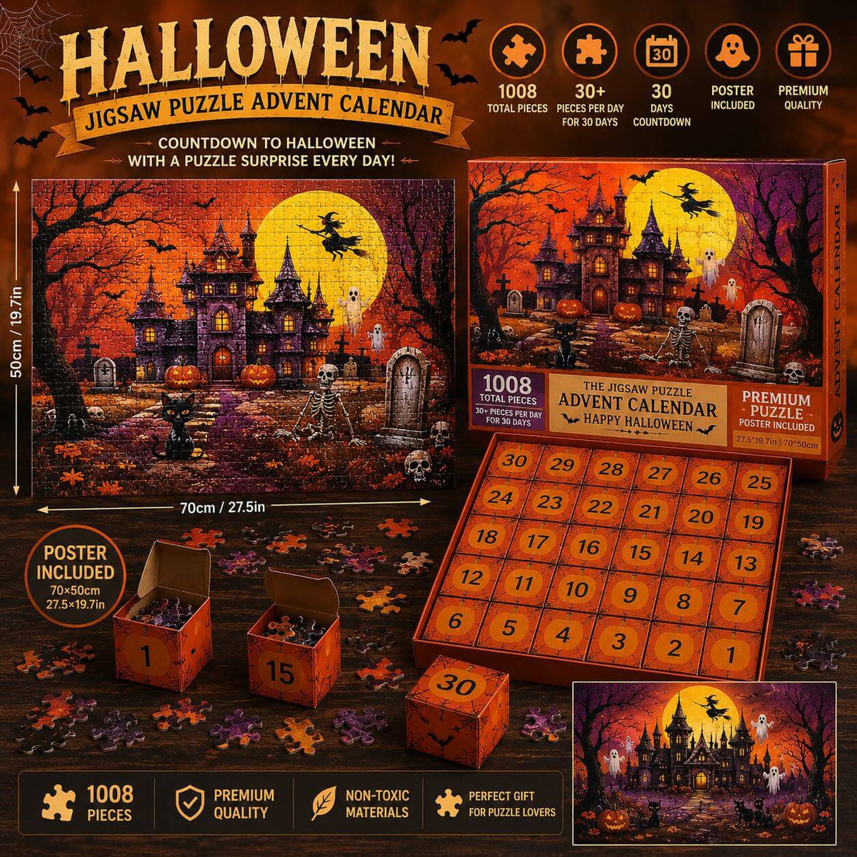 Halloween advent jigsaw puzzle calendar set with box, poster panel, and 30-day countdown grid