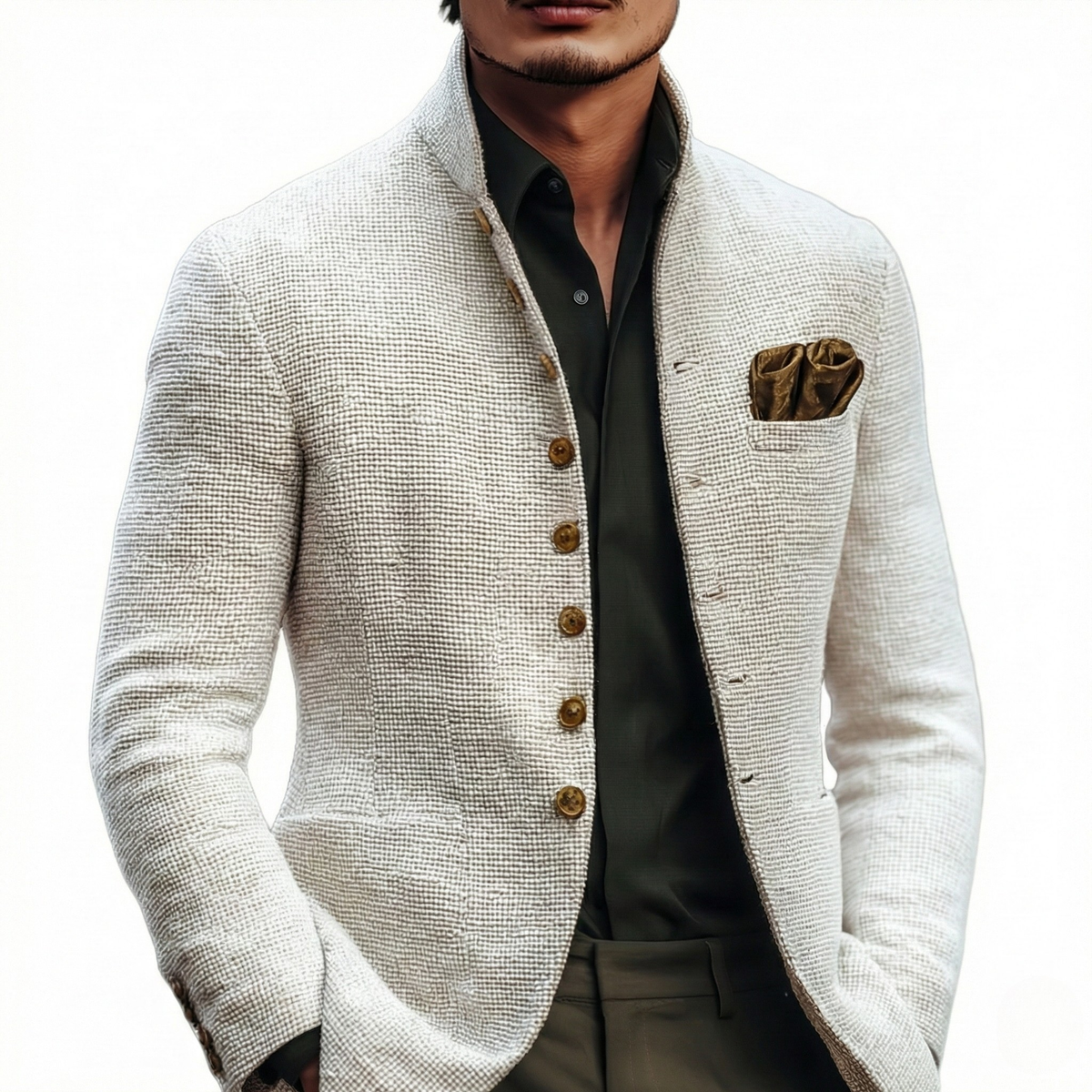 Textured stand collar blazer, styled front view