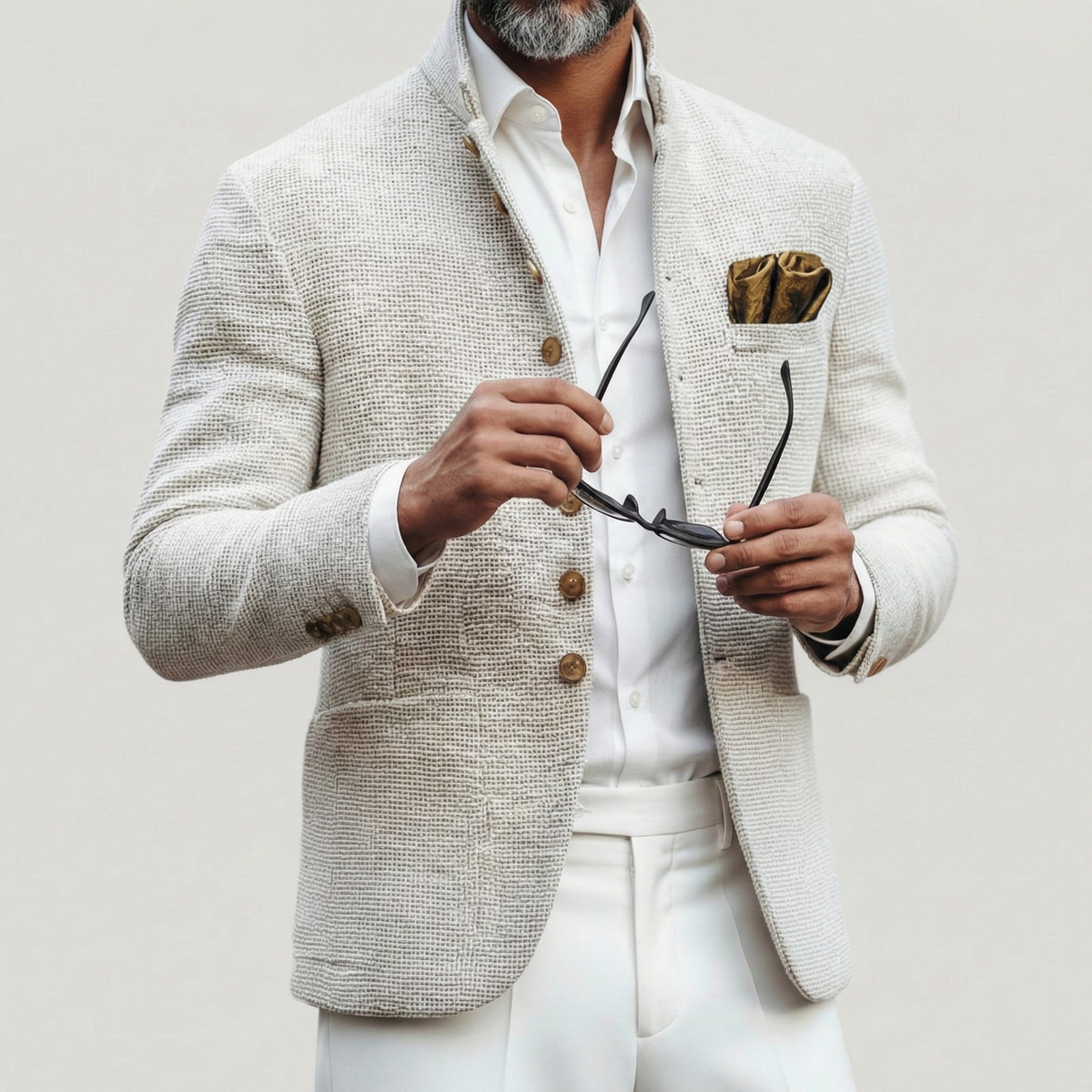 Textured stand collar blazer, close-up detail