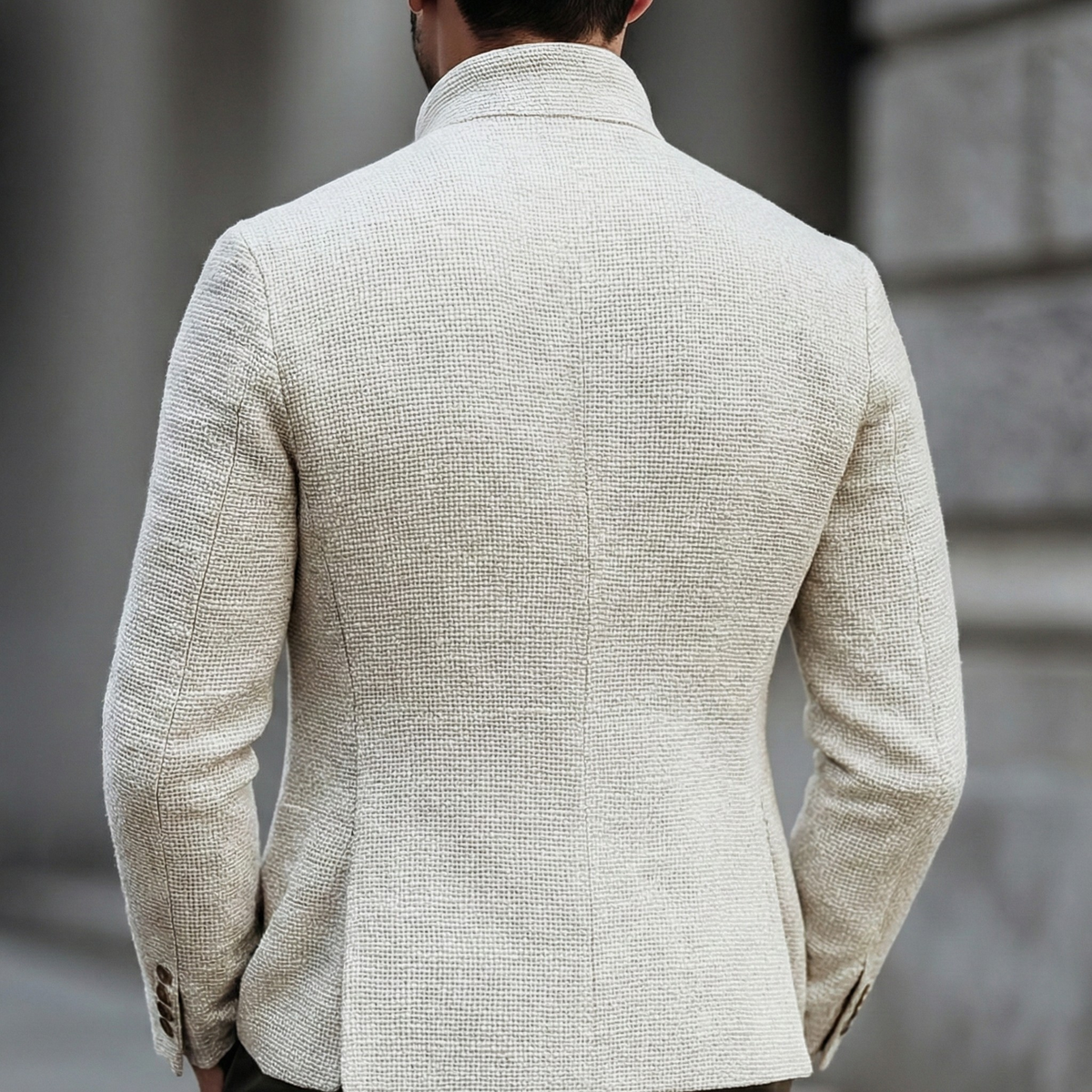 Textured stand collar blazer, back view