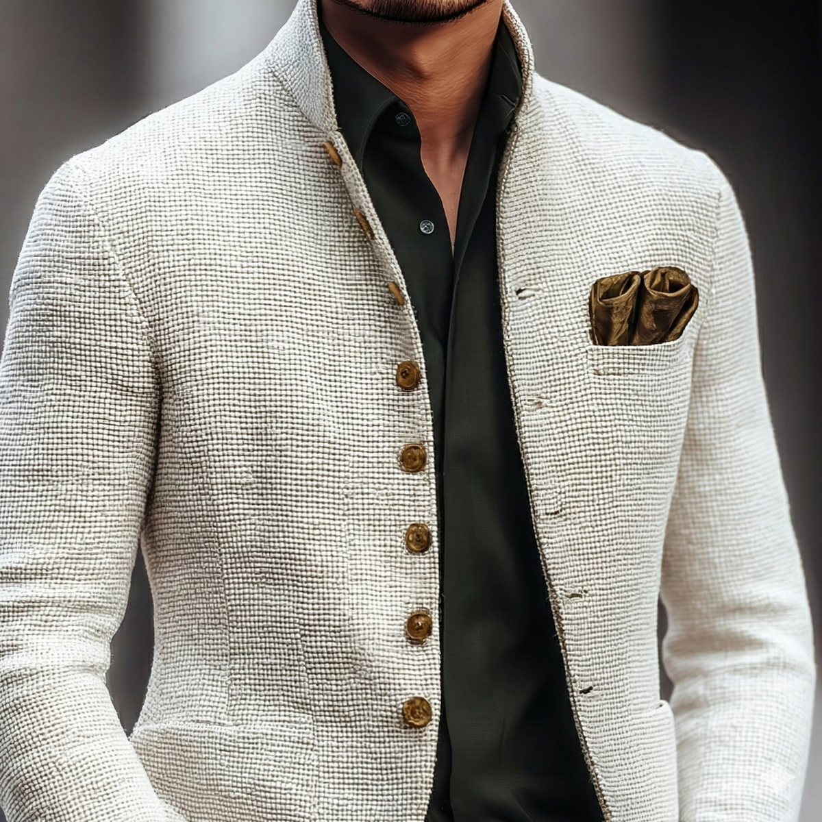 Textured stand collar blazer, worn front view