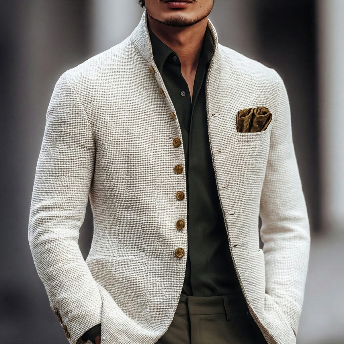 Textured stand collar blazer, front view