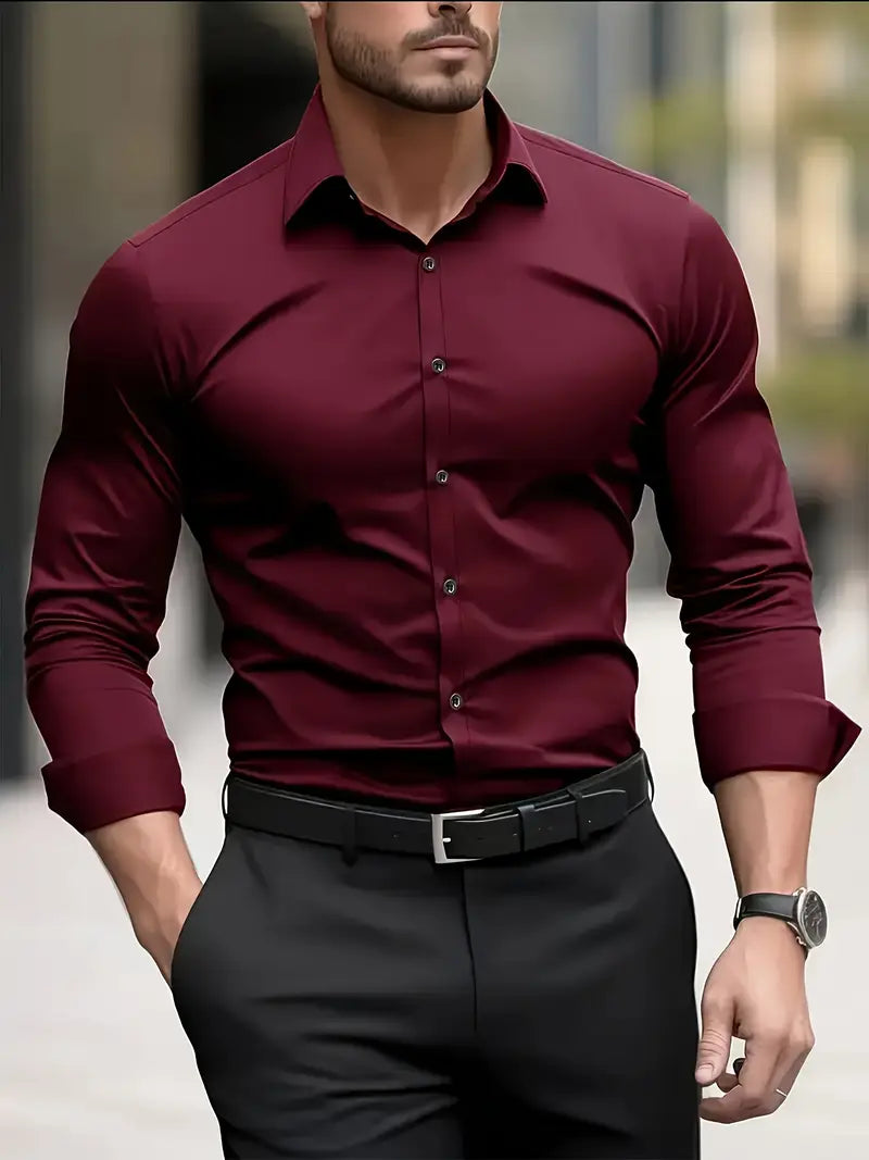 Men's slim-fit dress shirt, burgundy, button-front, long sleeves, point collar