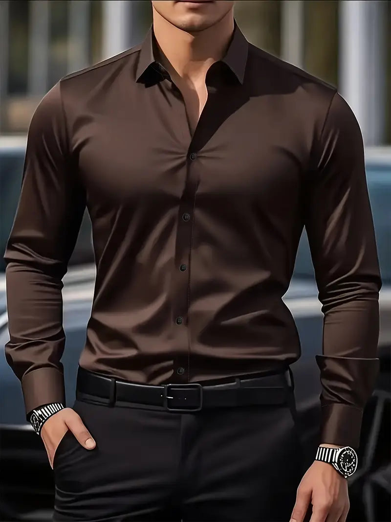 Men's slim-fit dress shirt, brown, button-front, long sleeves, point collar
