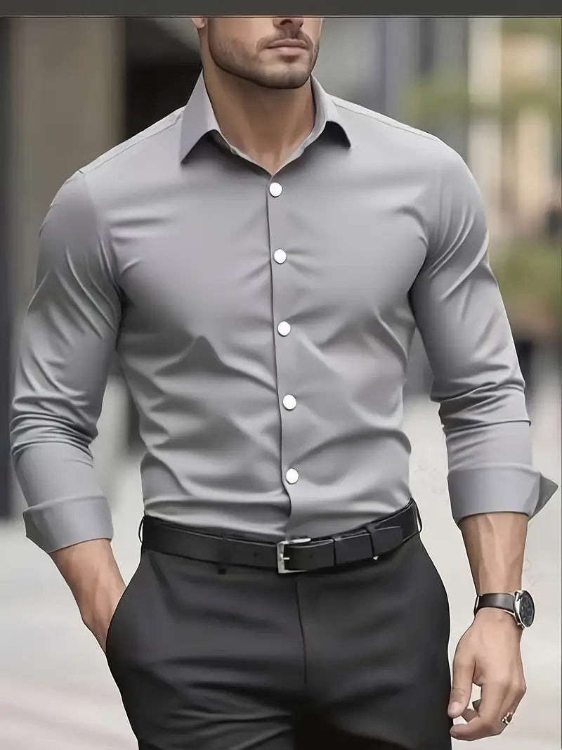 Men's slim-fit dress shirt, light gray, button-front, long sleeves, point collar