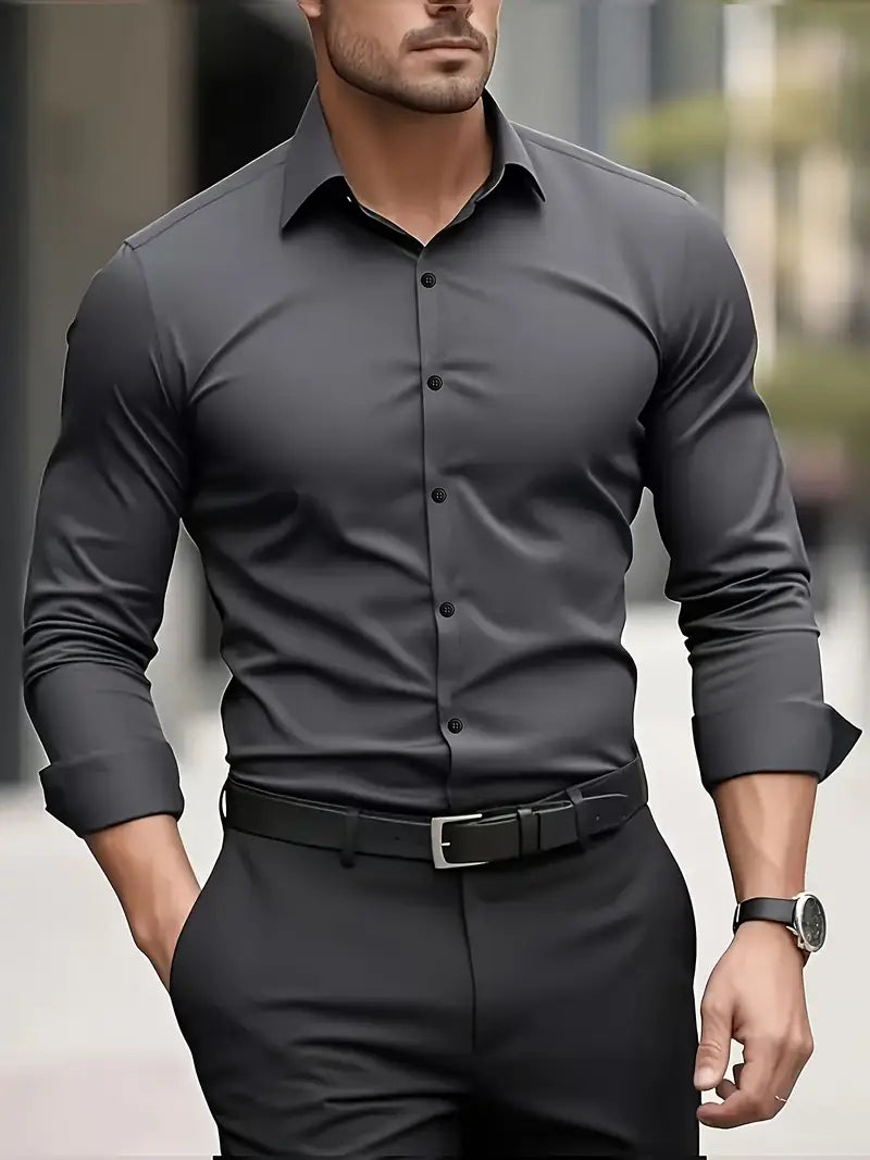 Men's slim-fit dress shirt, dark gray, button-front, long sleeves, point collar