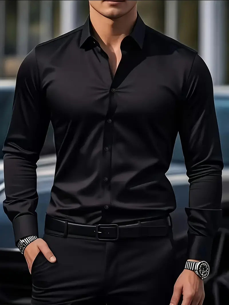 Men's slim-fit dress shirt, black, button-front, long sleeves, point collar