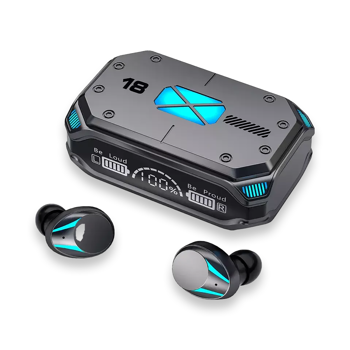 Wireless earbuds with silver/black charging case and blue triangular logo on lid