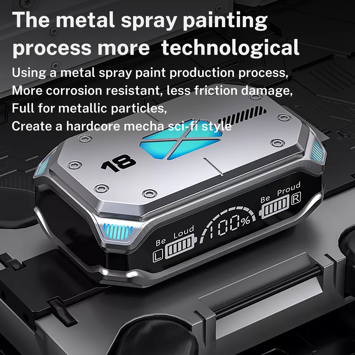 Mecha-style silver/black wireless charging case with blue center emblem and vents