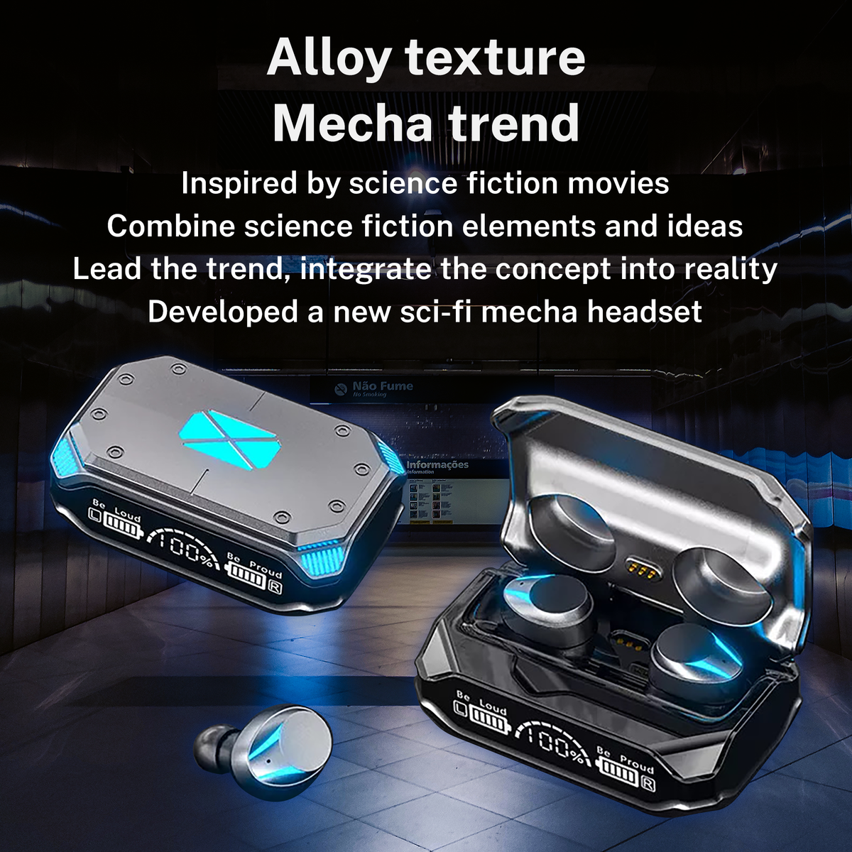 Wireless earbuds and charging case in silver/black with blue-lit mecha-style detailing