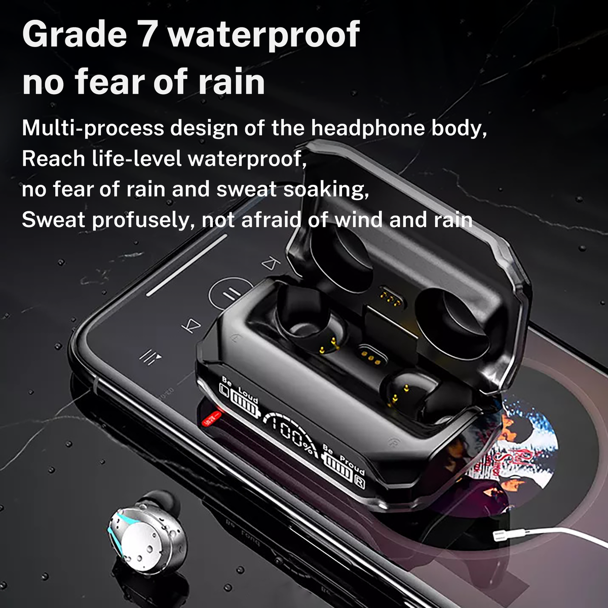 Wireless earbuds charging case with earbuds inside, silver/black design with blue accents