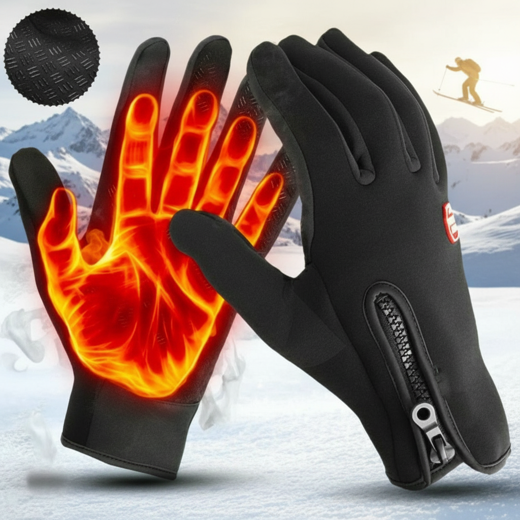 USB heated winter gloves, black pair with glowing red-orange heating zones on fingers