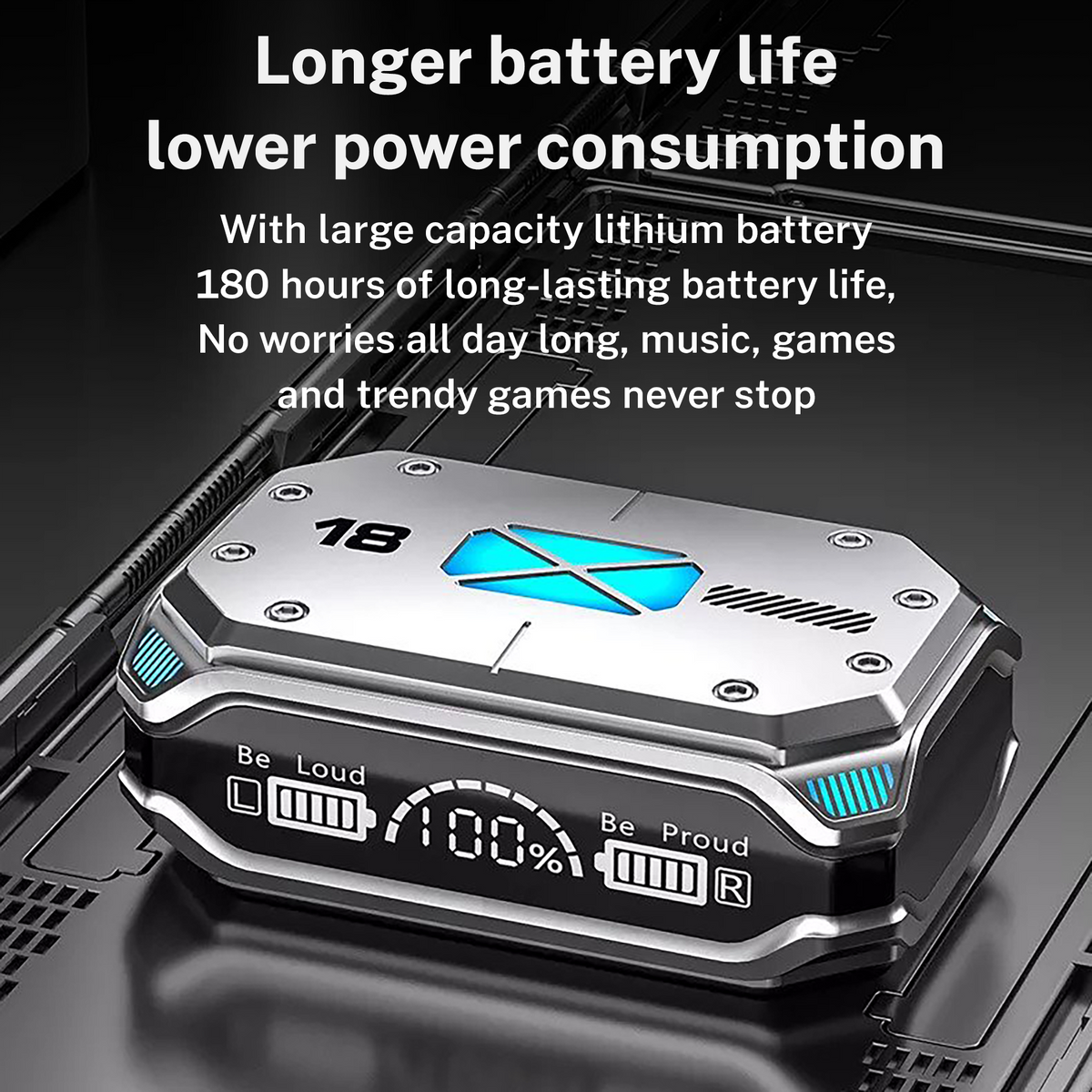Silver/black wireless earbuds charging case with blue center logo and status panel