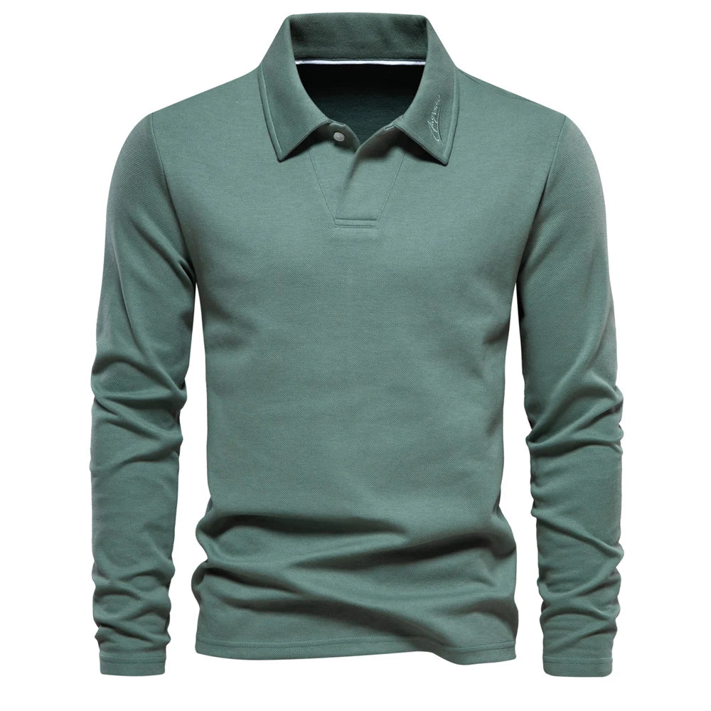 Olive green long-sleeve knit polo shirt with buttoned collar and short placket