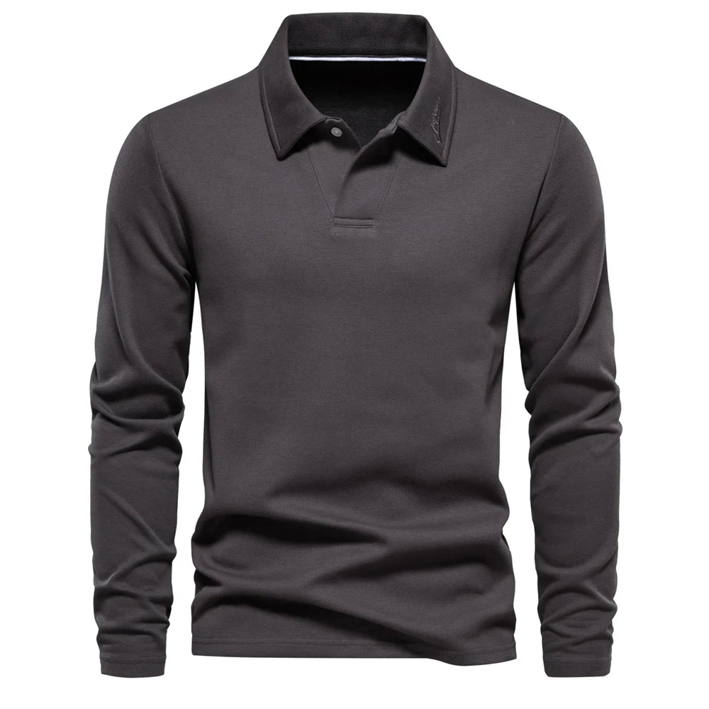 Dark gray long-sleeve knit polo shirt with buttoned collar and short placket