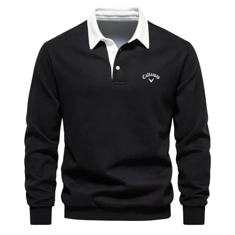 Men's knit polo sweater with white contrast collar, black, button placket, Callaway logo