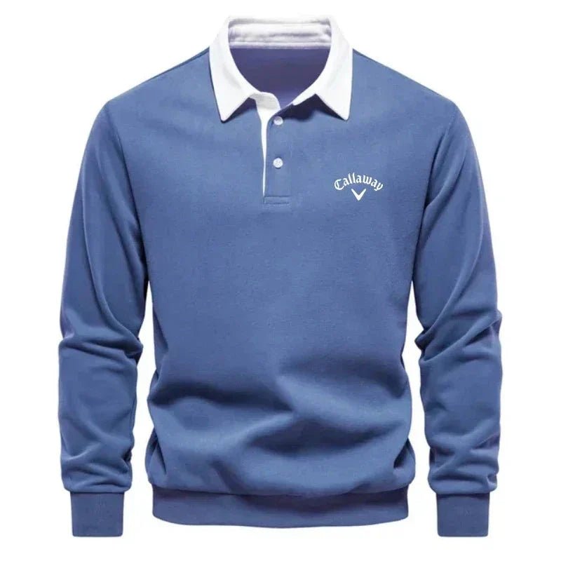 Men's knit polo sweater with white contrast collar, medium blue, button placket, Callaway
