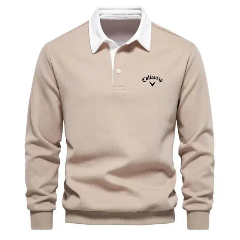 Men's knit polo sweater with white contrast collar, beige, button placket, Callaway logo