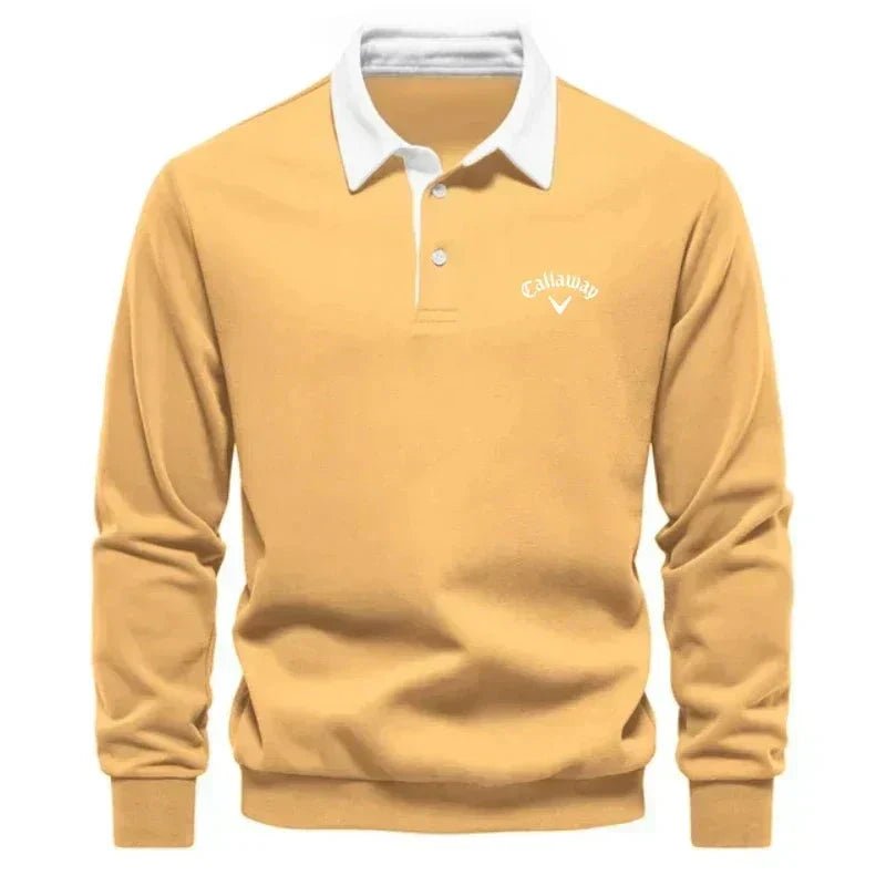 Men's knit polo sweater with white contrast collar, yellow, button placket, Callaway logo