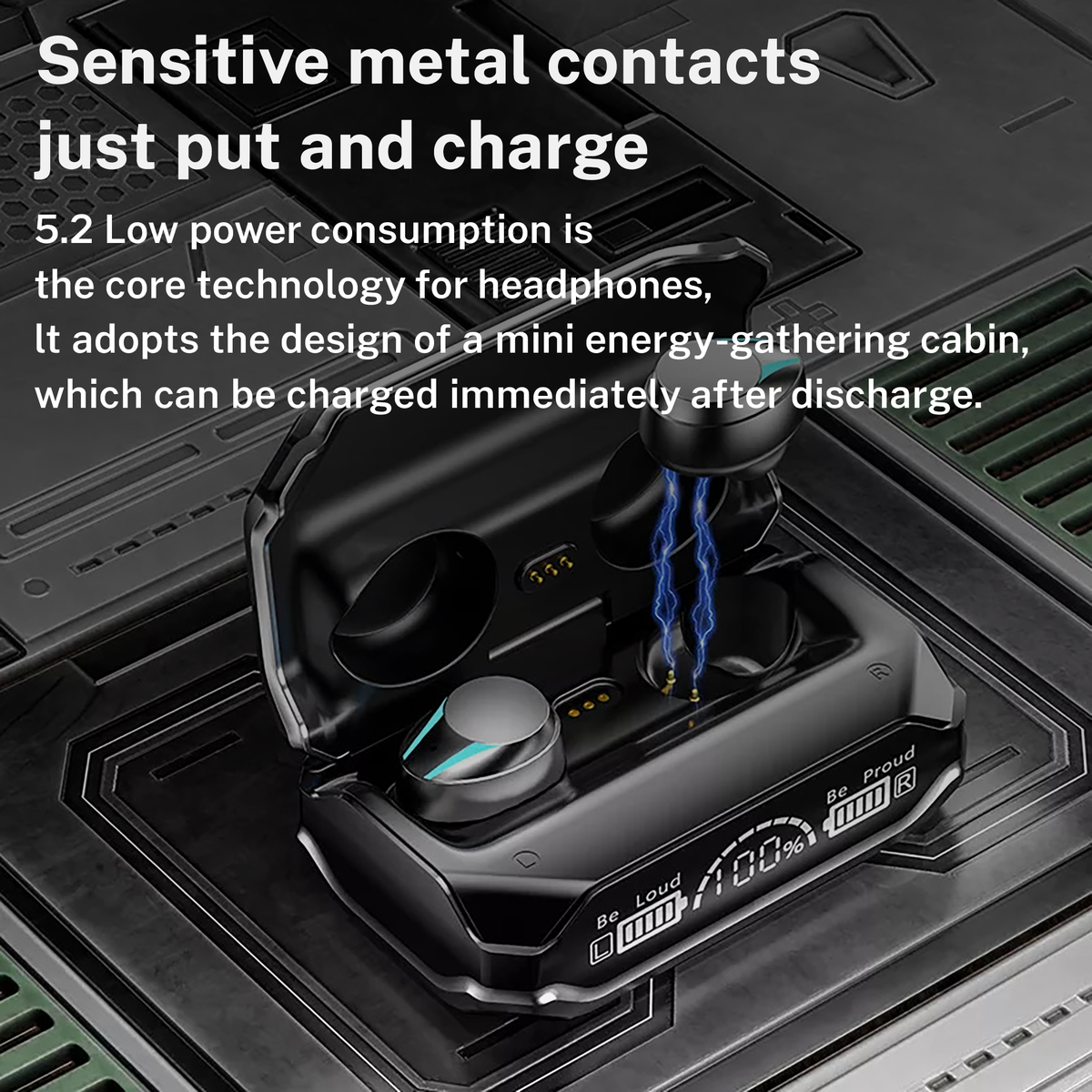 Wireless earbuds in black charging case with blue-lit accents and charging contacts