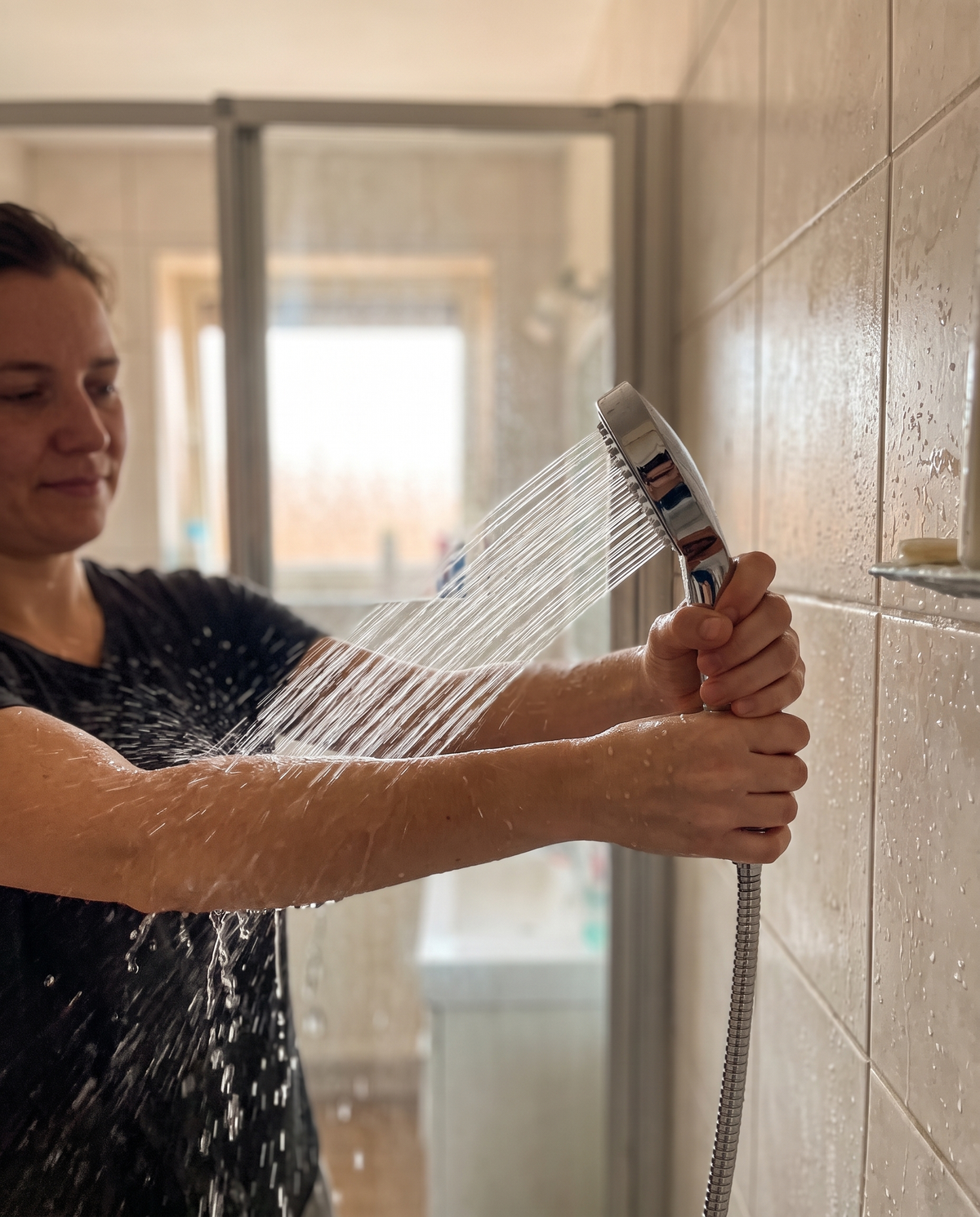 Silver handheld shower head spraying a steady stream against a tiled wall