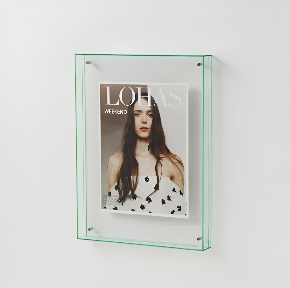 Light green floating photo frame with clear acrylic front and magazine-style portrait