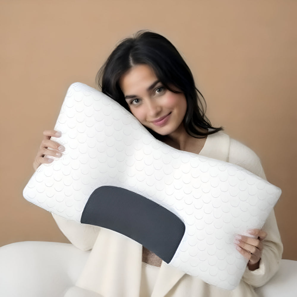 Neck contour sleeping pillow with white honeycomb texture and dark gray contoured area.